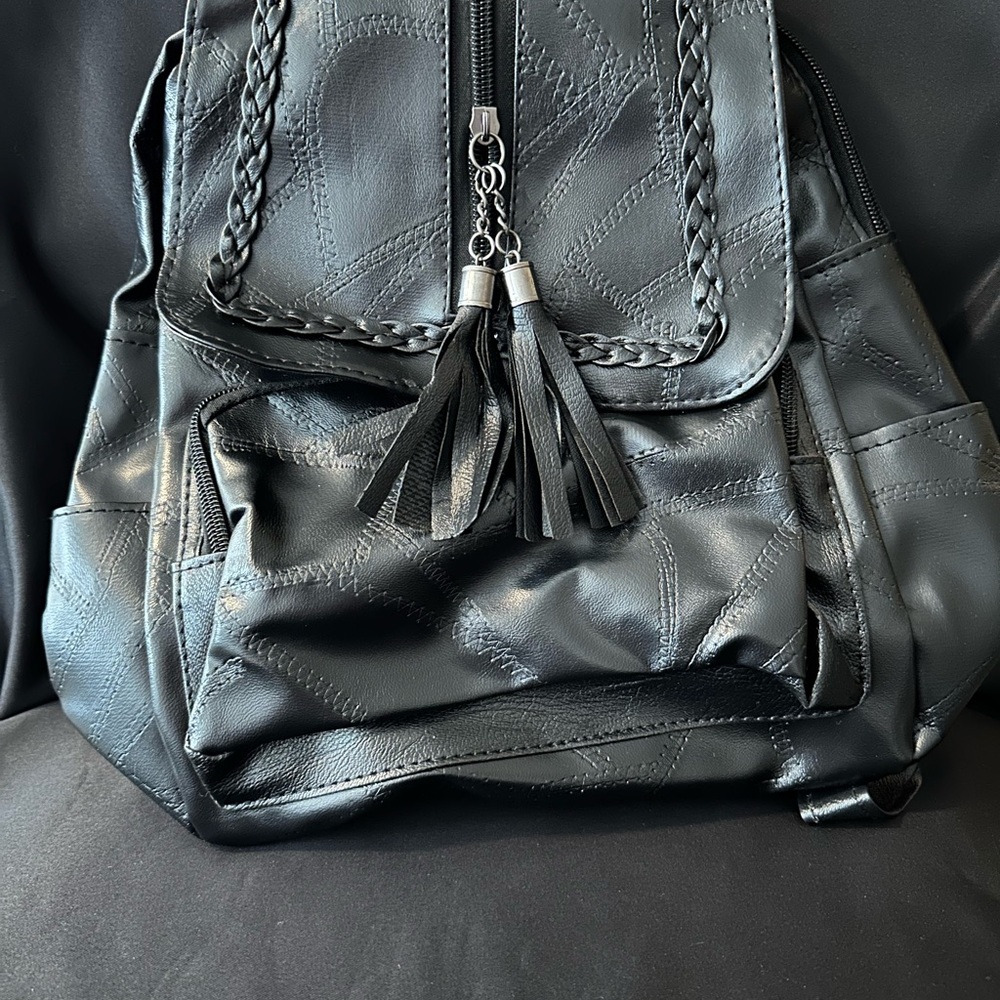 Pleather Black Backpack With Multiple Pockets